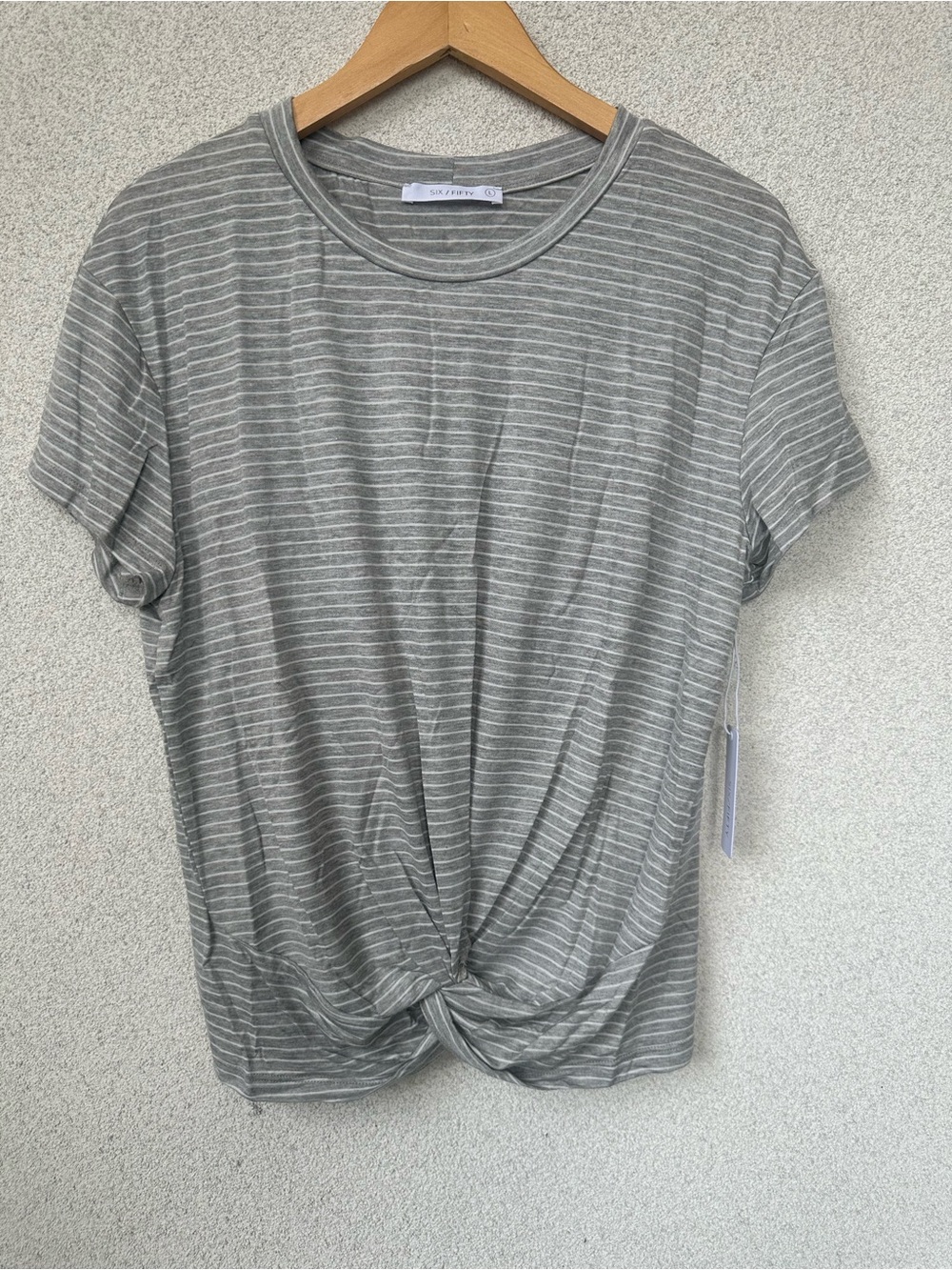 Six/Fifty Gray Stripe Twist Hem Tee | Short Sleeve | Knot Front Detail | NWT | L